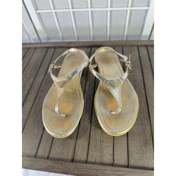 PRADA Logo Metallic Leather Ankle-Strap Thong Sandals 37 - Picture 1 of 12